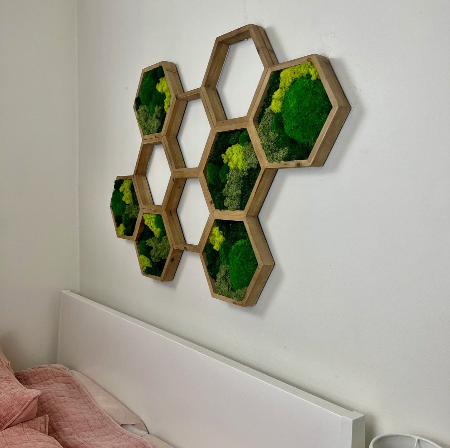 Moss Wall Art | Honeycomb Moss Attached Hexagons | Wood Hexagon | Reindeer Moss, Sheet Moss, Pole Moss Yellow Preserved Flowers
