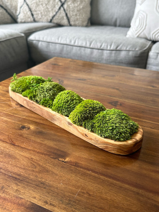 Preserved Moss Centerpiece: Olive Wood Bowl, Reindeer & Pole Moss | USA - TARIFF FREE