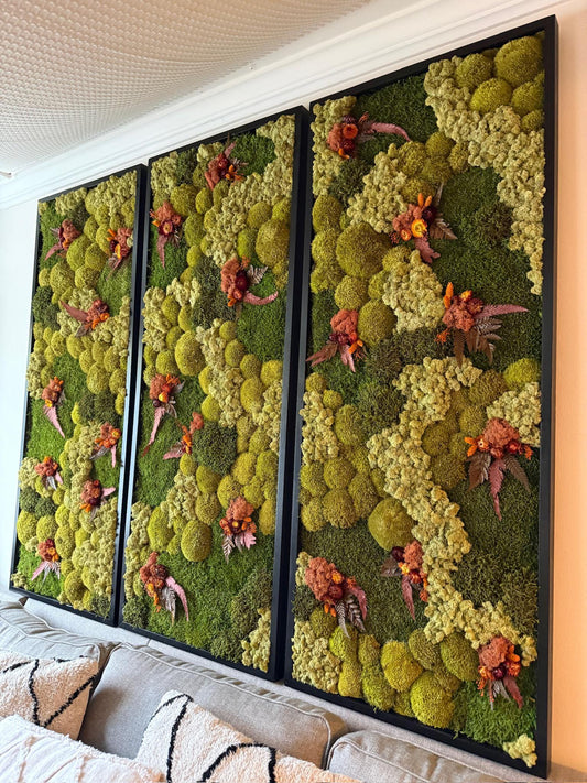 Preserved Moss Wall Art: Reindeer Moss, Fern & Flowers, Wood Frame (24" x 60")