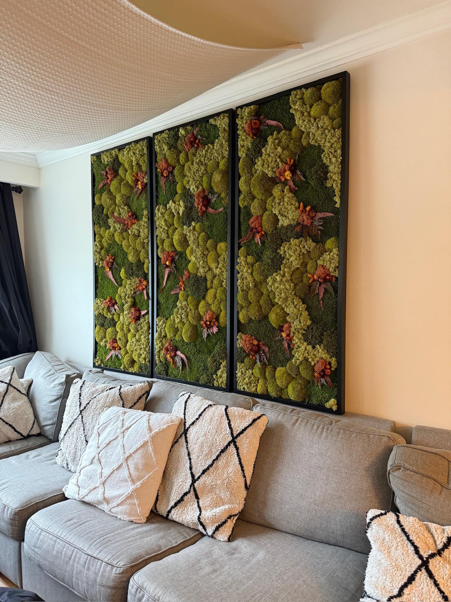 Preserved Moss Wall Art: Reindeer Moss, Fern & Flowers, Wood Frame (24" x 60")