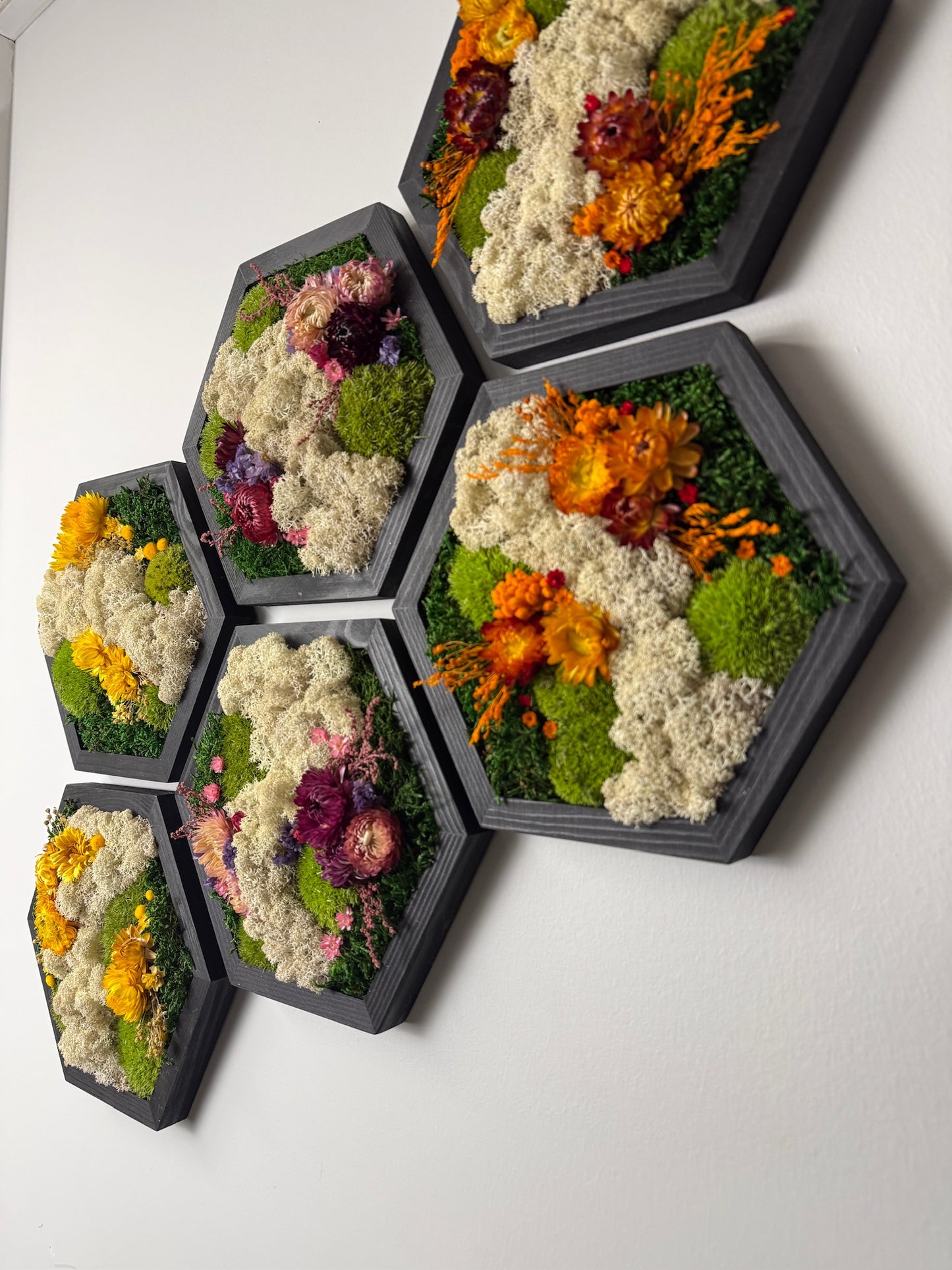 Honeycomb Moss Wall Art: Wood Hexagon Frame, Reindeer Moss & Flowers | USA - TARIFF FREE