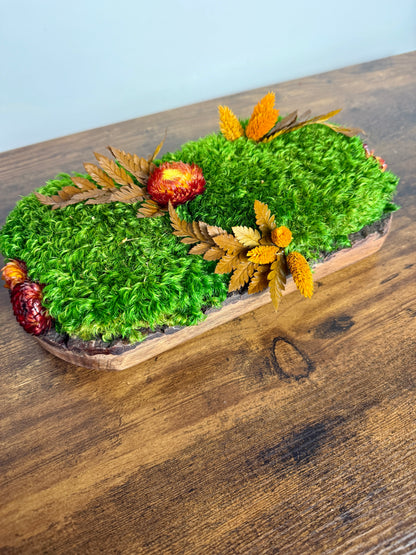Preserved Pole Moss Centerpiece: Wood Nature Bowl, Wedding Decor with Orange Flowers | USA - TARIFF FREE