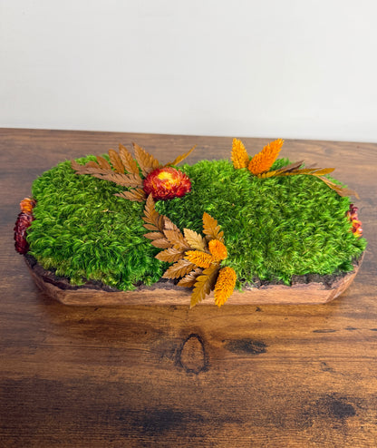 Preserved Pole Moss Centerpiece: Wood Nature Bowl, Wedding Decor with Orange Flowers | USA - TARIFF FREE