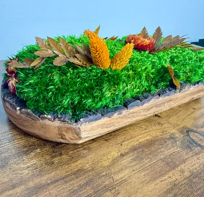 Preserved Pole Moss Centerpiece: Wood Nature Bowl, Wedding Decor with Orange Flowers | USA - TARIFF FREE