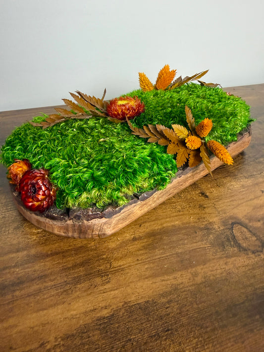 Preserved Pole Moss Centerpiece: Wood Nature Bowl, Wedding Decor with Orange Flowers | USA - TARIFF FREE