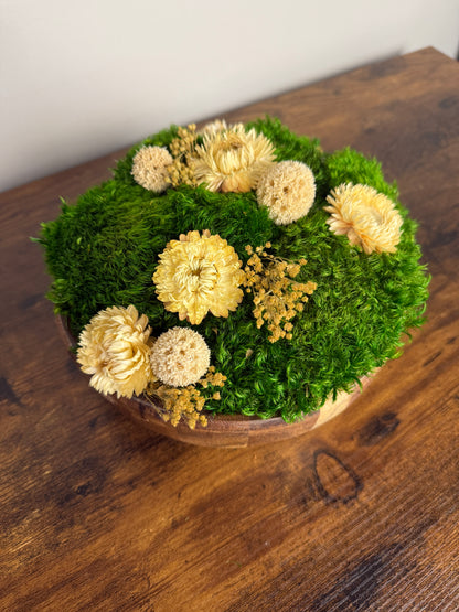 Preserved Moss Centerpiece: Wood Bowl with Reindeer Moss with White Flowers | USA - TARIFF FREE