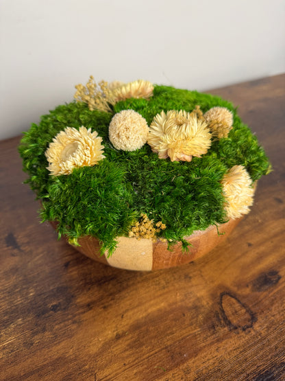 Preserved Moss Centerpiece: Wood Bowl with Reindeer Moss with White Flowers | USA - TARIFF FREE