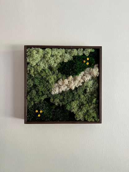 Preserved Moss Wall Art: Square Frame with Reindeer Moss & Flowers | USA - TARIFF FREE