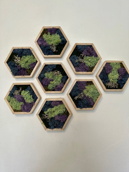 Moss Wall Art  | Honeycomb Moss   |  Home  Decor  | Wood Hexagon  | Blue Green and Purple