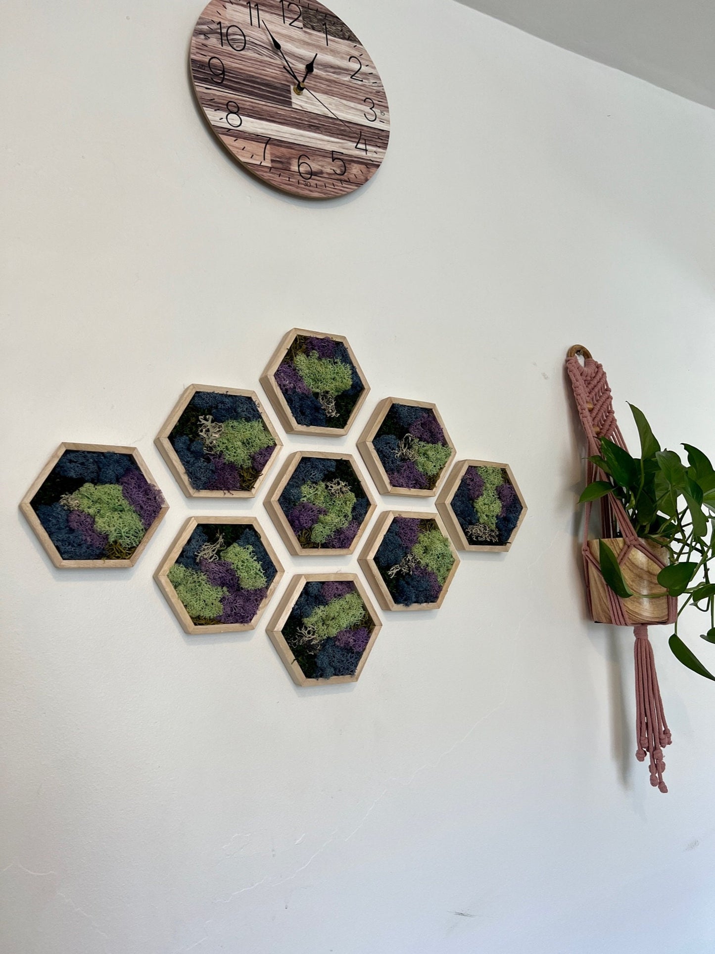 Moss Wall Art  | Honeycomb Moss   |  Home  Decor  | Wood Hexagon  | Blue Green and Purple