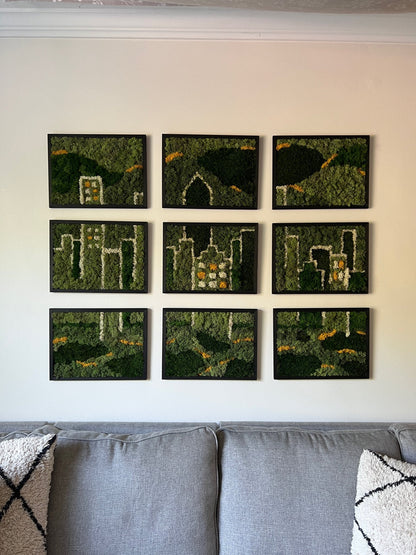 Preserved Moss Wall Art: City Skyline, Nine Rectangle Wood Frames | USA - TARIFF FREE