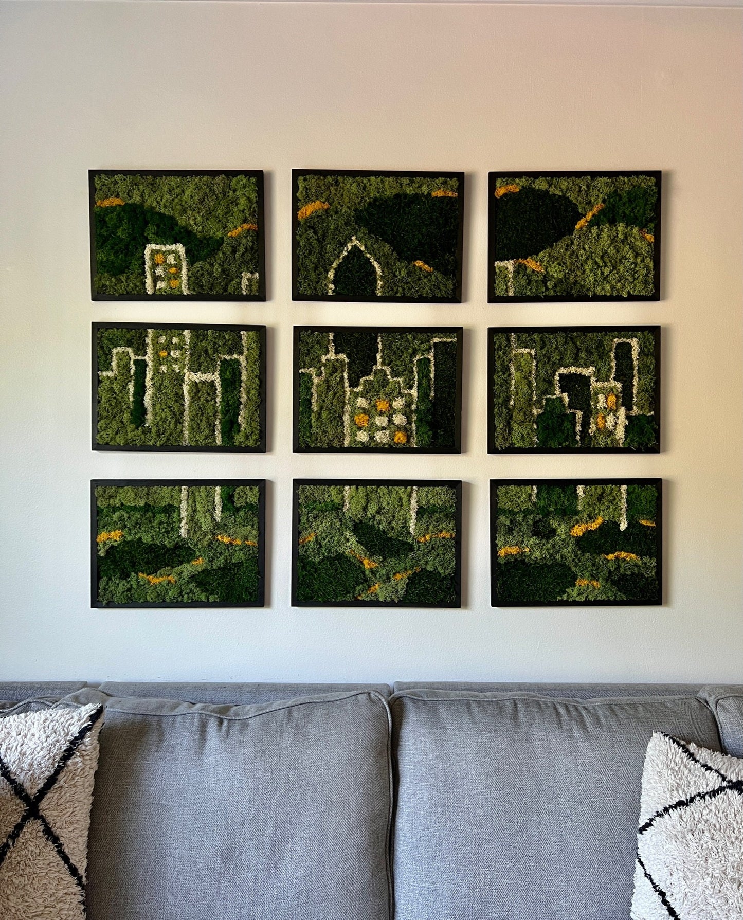 Preserved Moss Wall Art: City Skyline, Nine Rectangle Wood Frames | USA - TARIFF FREE