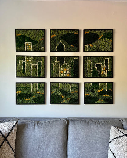 Preserved Moss Wall Art: City Skyline, Nine Rectangle Wood Frames | USA - TARIFF FREE