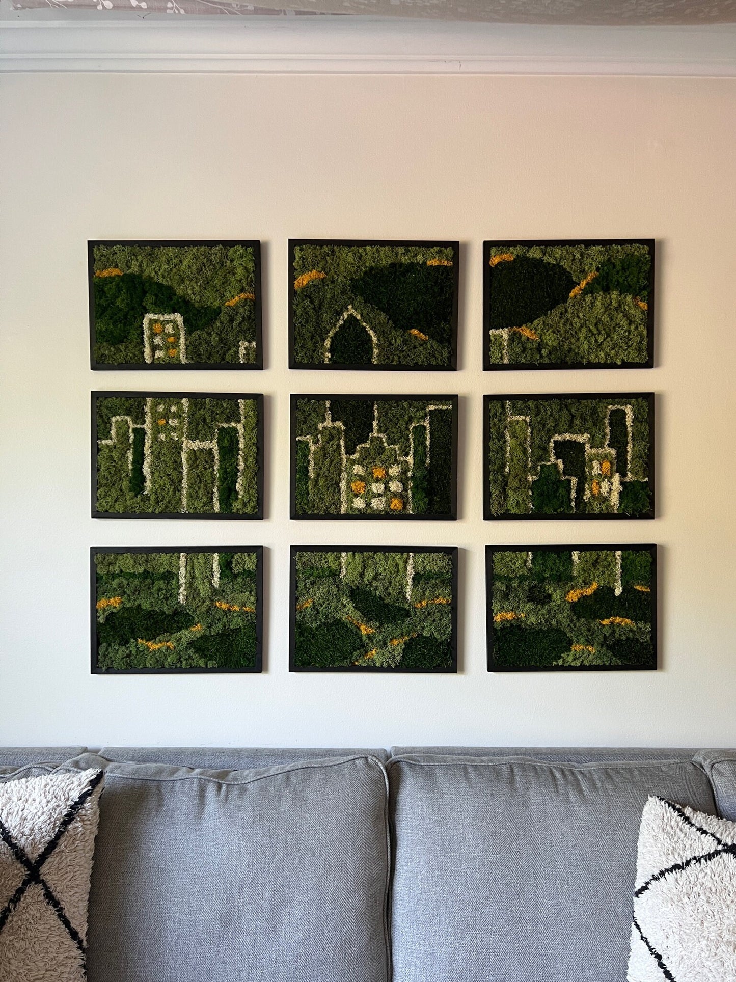 Preserved Moss Wall Art: City Skyline, Nine Rectangle Wood Frames | USA - TARIFF FREE