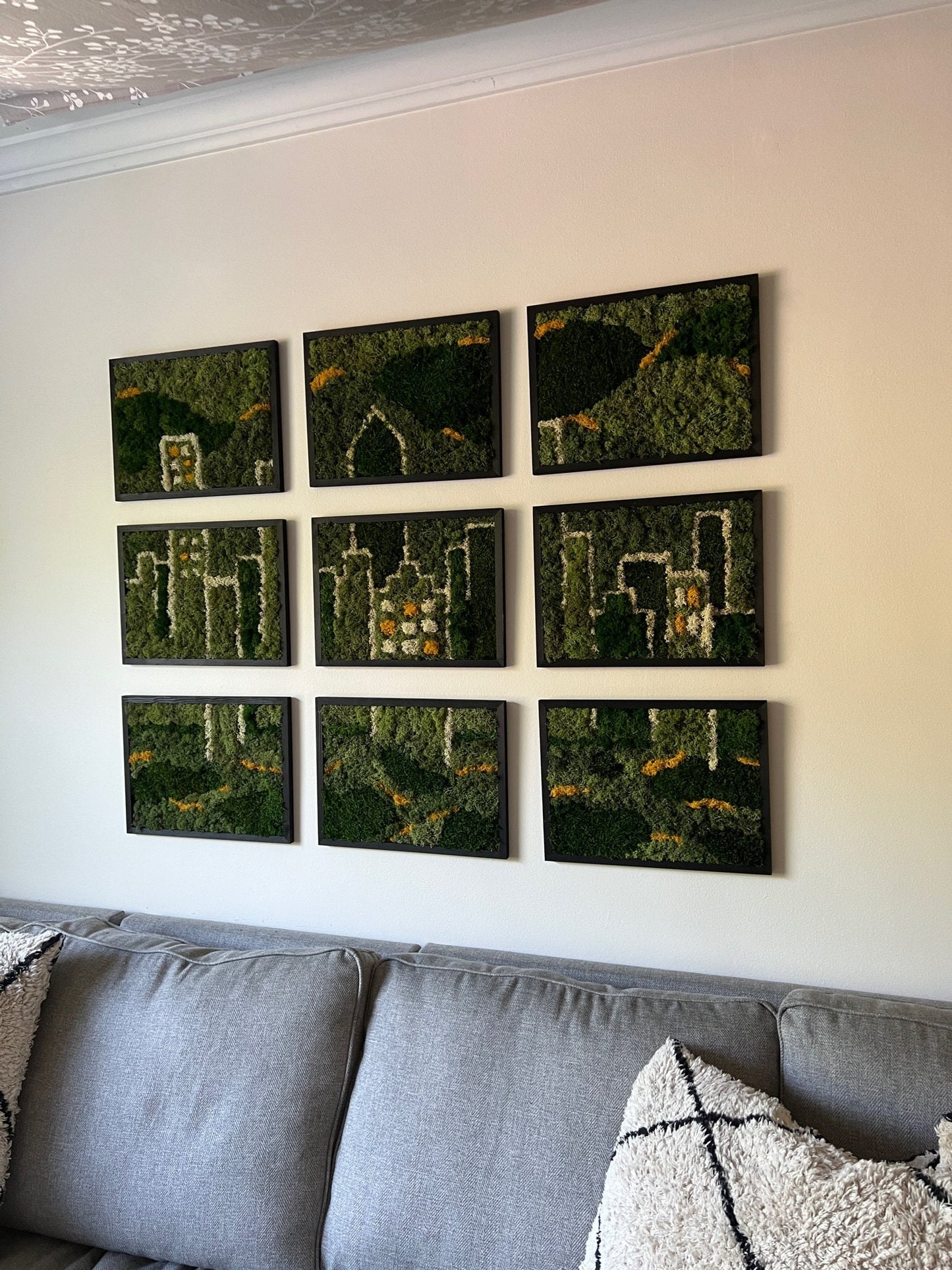 Preserved Moss Wall Art: City Skyline, Nine Rectangle Wood Frames | USA - TARIFF FREE