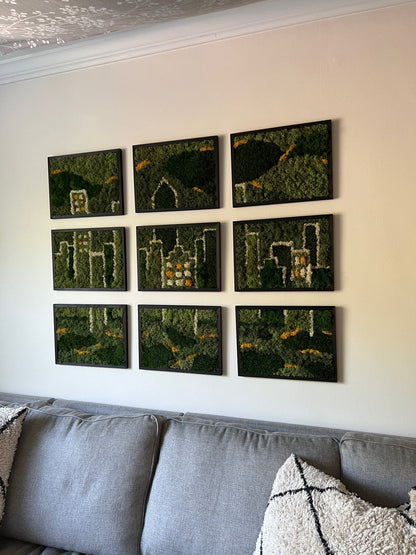 Preserved Moss Wall Art: City Skyline, Nine Rectangle Wood Frames | USA - TARIFF FREE