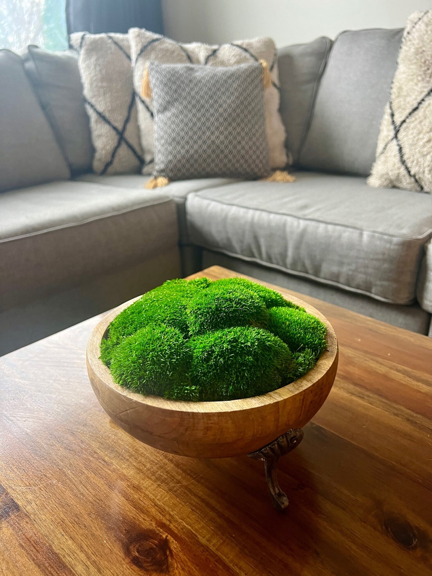 Moss Centerpiece | Pole Moss | Moss Planter | Preserved Moss Gift |10" by 10" by 5 1/2"| Wood Centrepiece Bowl | Green Pole | Wedding Gift |