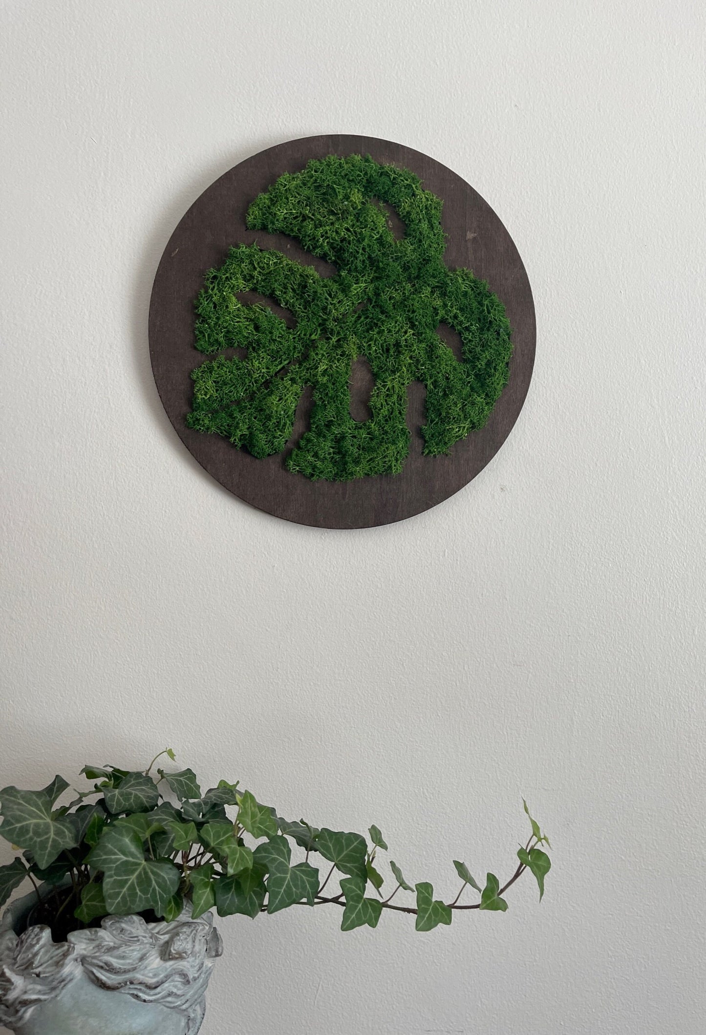 Moss Wall Art | Monstera Plant Round Wood Frame | Dark Green Reindeer Moss | Wedding Gift
