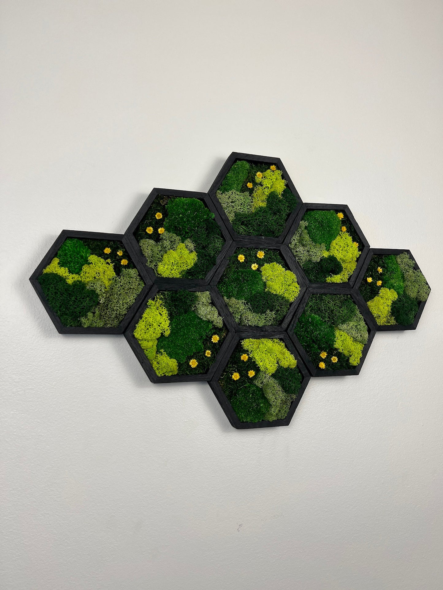 Honeycomb Moss Wall Art: Preserved Reindeer Moss & Yellow Flowers