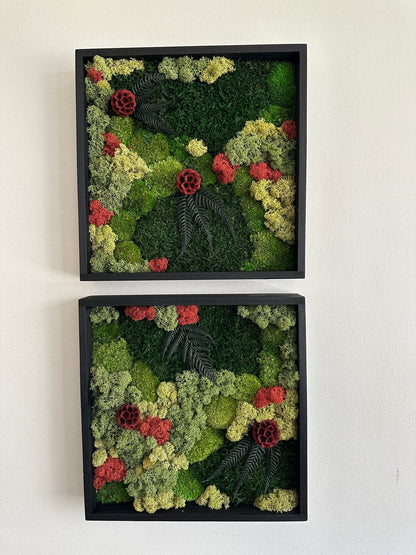 Moss Wall Art | Preserved Moss Framed | Moss Wall Decor | Square Frame | Pole Moss with Preserved Flowers, Fern with Reindeer Moss