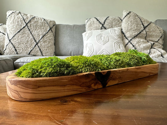 Moss Centerpiece | Pole Moss | Moss Planter | Preserved Moss Gift  | Olive Wood Nature Bowl | One of a Kind | Green Pole Moss | Gift