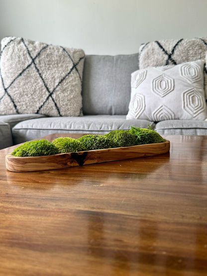 Preserved Moss Centerpiece: Olive Wood Bowl, Reindeer & Pole Moss | USA - TARIFF FREE