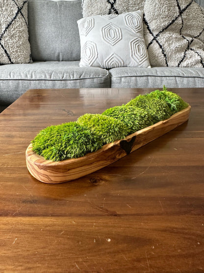 Preserved Moss Centerpiece: Olive Wood Bowl, Reindeer & Pole Moss | USA - TARIFF FREE