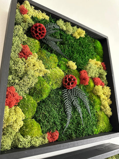 Moss Wall Art | Preserved Moss Framed | Moss Wall Decor | Square Frame | Pole Moss with Preserved Flowers, Fern with Reindeer Moss