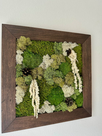 Preserved Moss Wall Art: Square Wood Frame with Fern & Flowers | USA - TARIFF FREE