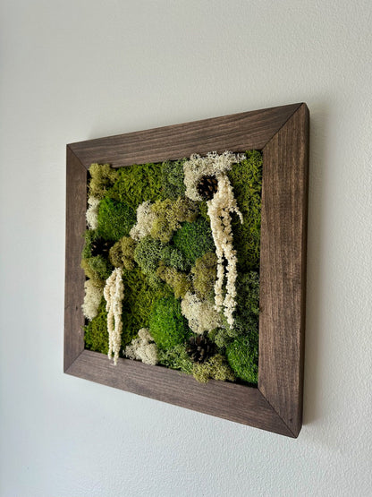 Preserved Moss Wall Art: Square Wood Frame with Fern & Flowers | USA - TARIFF FREE