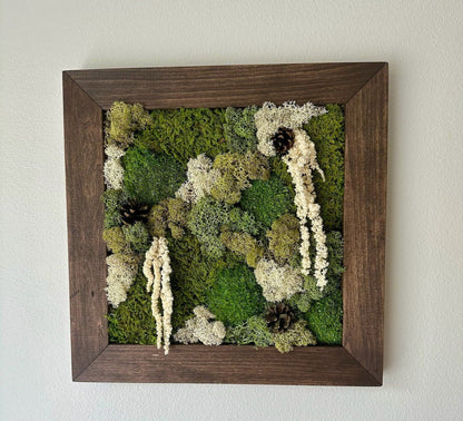 Preserved Moss Wall Art: Square Wood Frame with Fern & Flowers | USA - TARIFF FREE