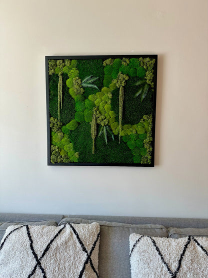 Moss Wall Art | Preserved Moss Art | Moss Wall Decor | Wood Frame Sets | 30" X 30" Square Single - Four Set | Green Reindeer Sheet Pole Moss