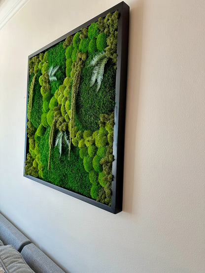 Moss Wall Art | Preserved Moss Art | Moss Wall Decor | Wood Frame Sets | 30" X 30" Square Single - Four Set | Green Reindeer Sheet Pole Moss