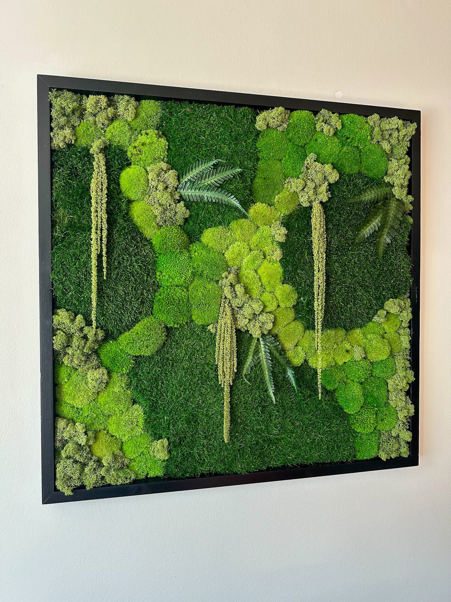 Moss Wall Art | Preserved Moss Art | Moss Wall Decor | Wood Frame Sets | 30" X 30" Square Single - Four Set | Green Reindeer Sheet Pole Moss