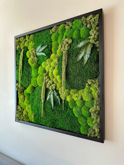 Moss Wall Art | Preserved Moss Art | Moss Wall Decor | Wood Frame Sets | 30" X 30" Square Single - Four Set | Green Reindeer Sheet Pole Moss