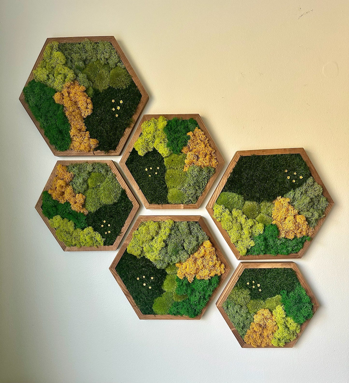 Honeycomb Moss Wall Art: Reindeer & Sheet Moss, Wood Hexagon | USA - TARIFF FREE