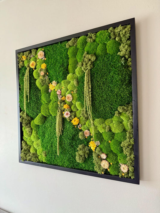 Moss Wall Art Decor | Preserved Moss Art | Wood Frame Sets | Large Square Single - Four Set | Sheet Pole Reindeer Moss Flowers | 30 “ by 30”