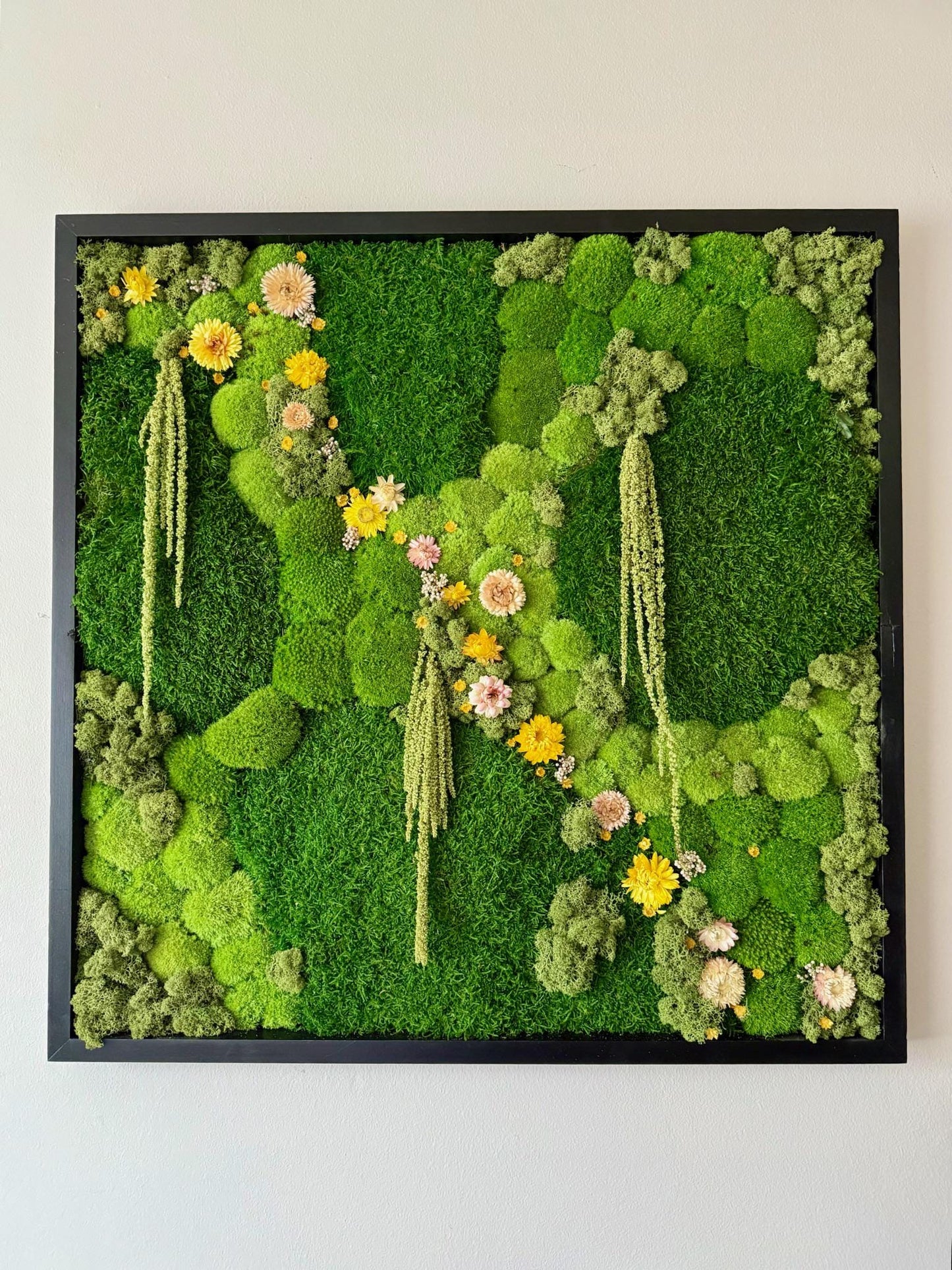 Moss Wall Art Decor | Preserved Moss Art | Wood Frame Sets | Large Square Single - Four Set | Sheet Pole Reindeer Moss Flowers | 30 “ by 30”