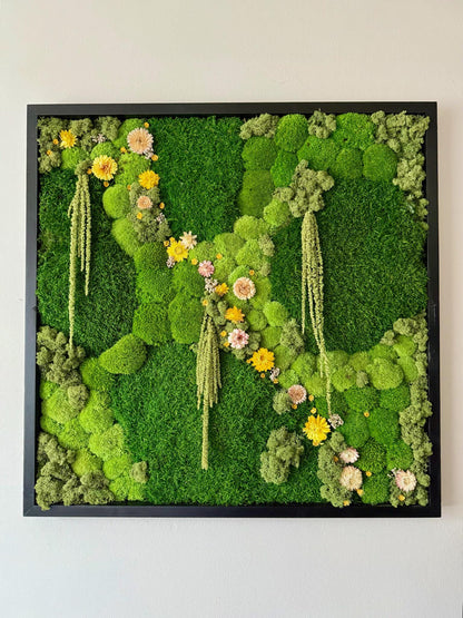Moss Wall Art Decor | Preserved Moss Art | Wood Frame Sets | Large Square Single - Four Set | Sheet Pole Reindeer Moss Flowers | 30 “ by 30”