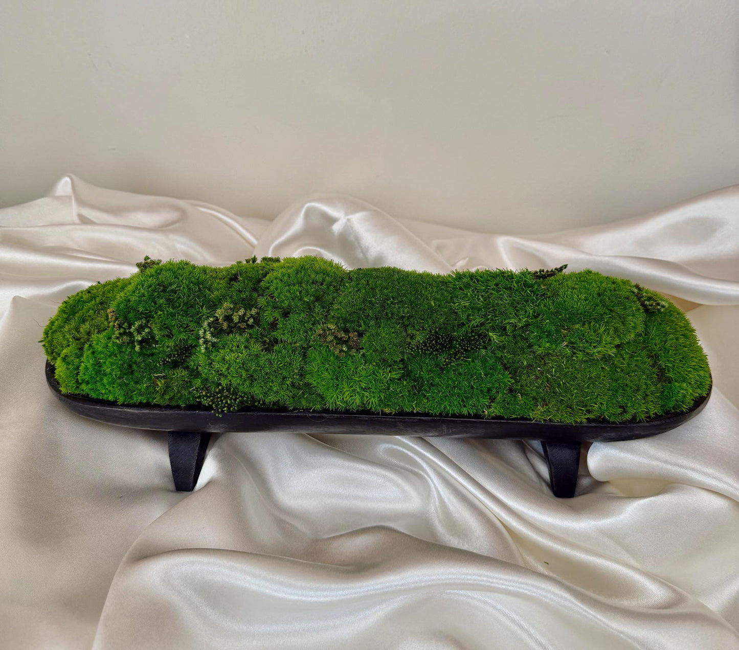 Preserved Moss Centerpiece: Pole & Reindeer Moss in Black Wood Bowl | USA - TARIFF FREE