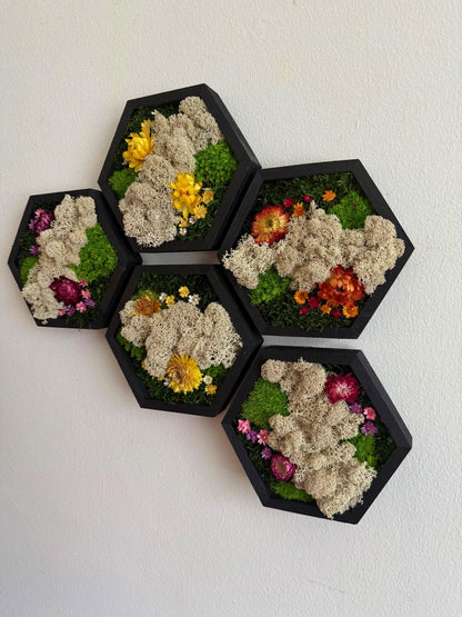 Honeycomb Moss Wall Art: Wood Hexagon Frame, Reindeer Moss & Flowers | USA - TARIFF FREE