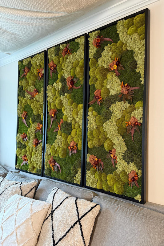Preserved Moss Wall Art: Reindeer Moss, Fern & Flowers, Wood Frame (24" x 60")