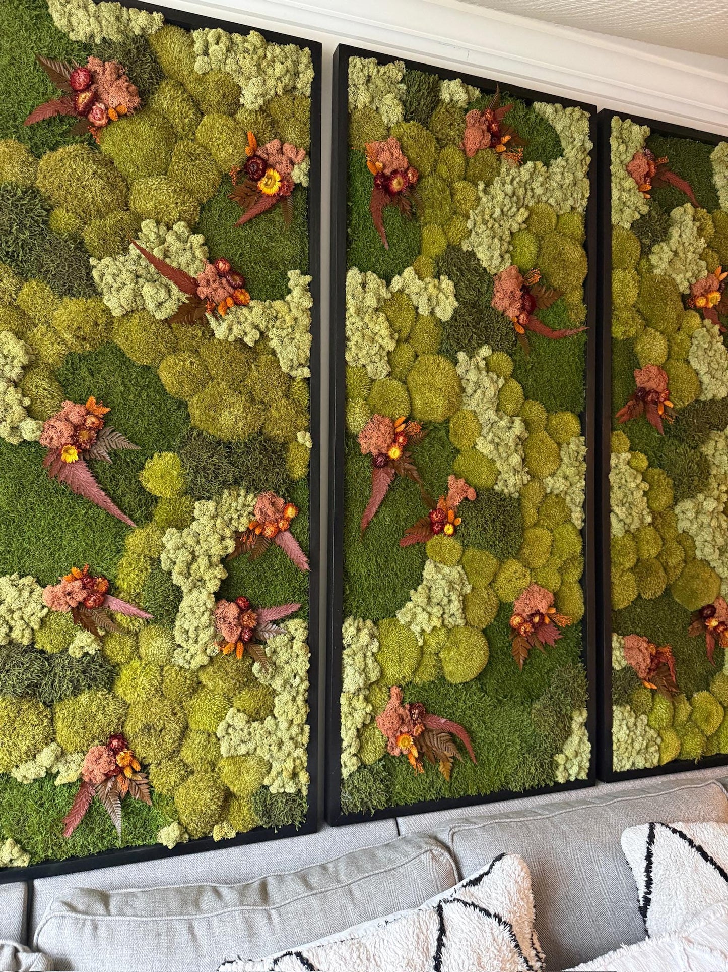 Preserved Moss Wall Art: Reindeer Moss, Fern & Flowers, Wood Frame (24" x 60")