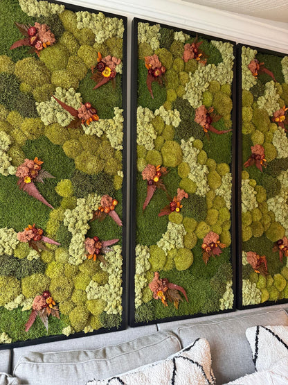 Preserved Moss Wall Art: Reindeer Moss, Fern & Flowers, Wood Frame (24" x 60")
