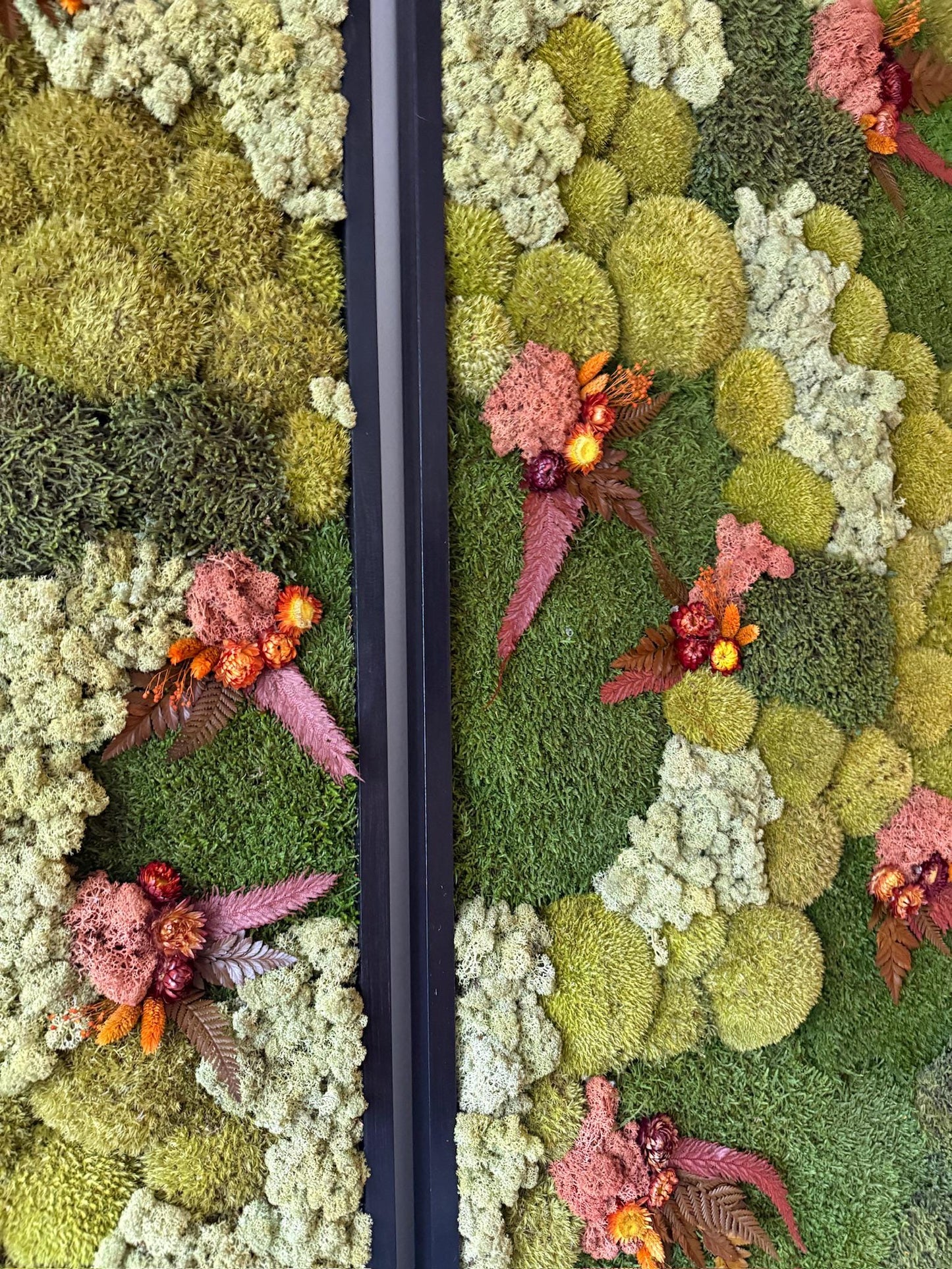 Preserved Moss Wall Art: Reindeer Moss, Fern & Flowers, Wood Frame (24" x 60")