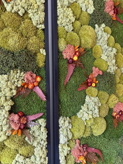 Preserved Moss Wall Art: Reindeer Moss, Fern & Flowers, Wood Frame (24" x 60")