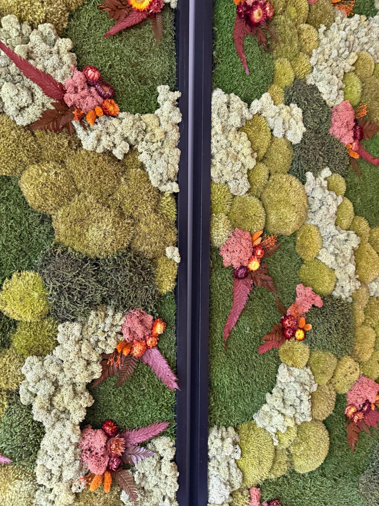Preserved Moss Wall Art: Reindeer Moss, Fern & Flowers, Wood Frame (24" x 60")