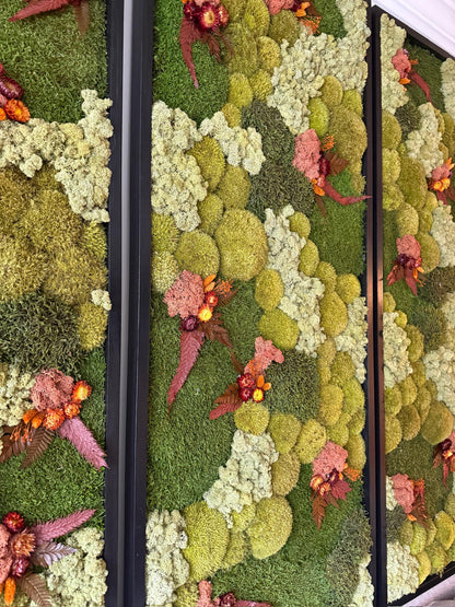 Preserved Moss Wall Art: Reindeer Moss, Fern & Flowers, Wood Frame (24" x 60")