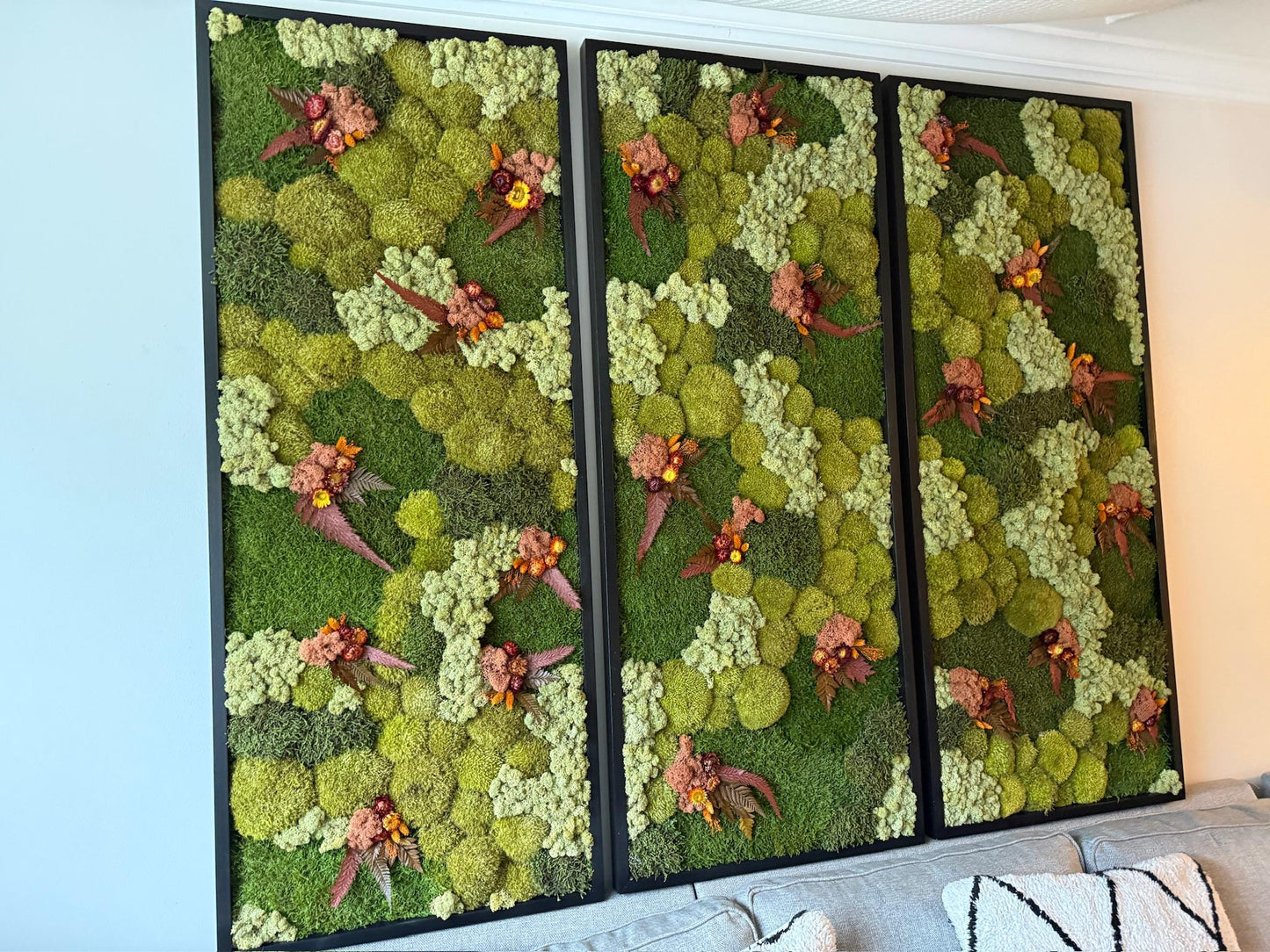 Preserved Moss Wall Art: Reindeer Moss, Fern & Flowers, Wood Frame (24" x 60")