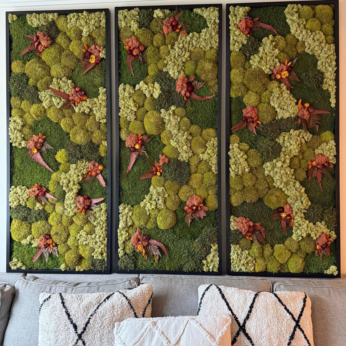 Preserved Moss Wall Art: Reindeer Moss, Fern & Flowers, Wood Frame (24" x 60")